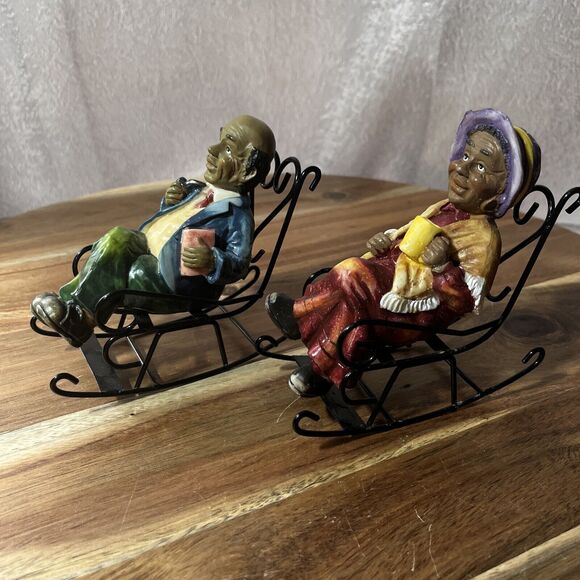 Folk Art Grandpa & Grandma Sitting In Metal Rocking Chair Metal Folk Art - Picture 2 of 10